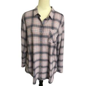J.Jill  Sz L  Purple Blue Textured Plaid Button Down Cotton Rayon Tunic Shirt